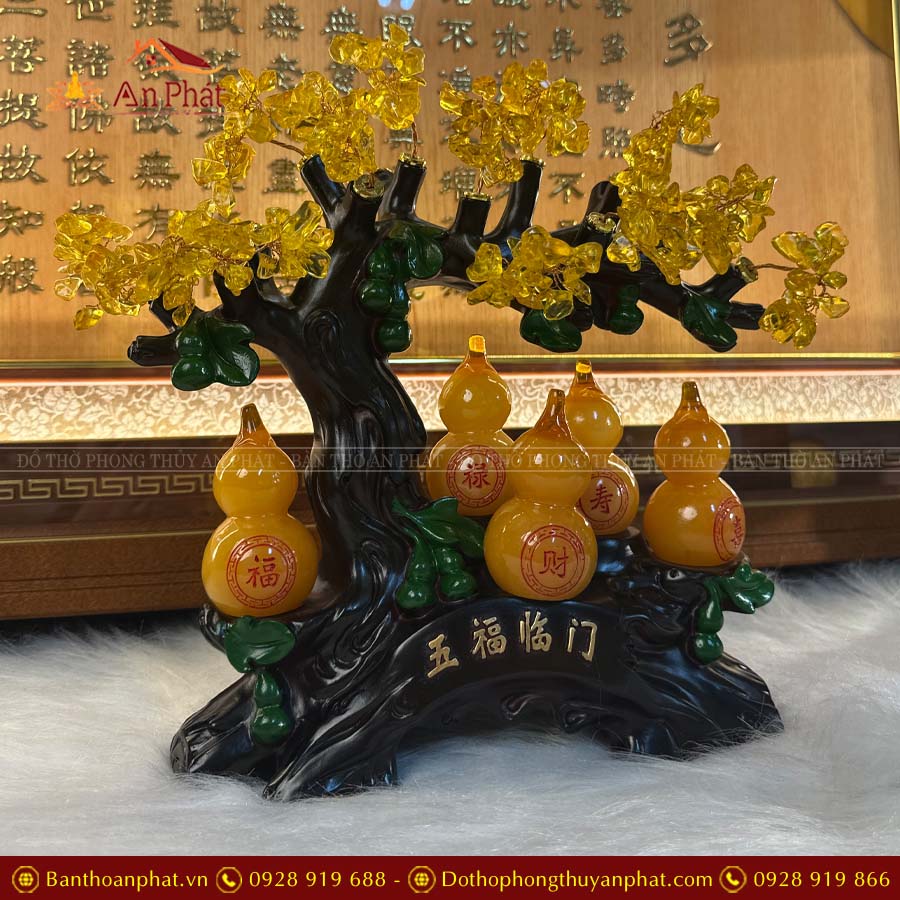 Phong Thủy Decor Cây Thạch Anh 5 Hồ Lô Vàng PT002