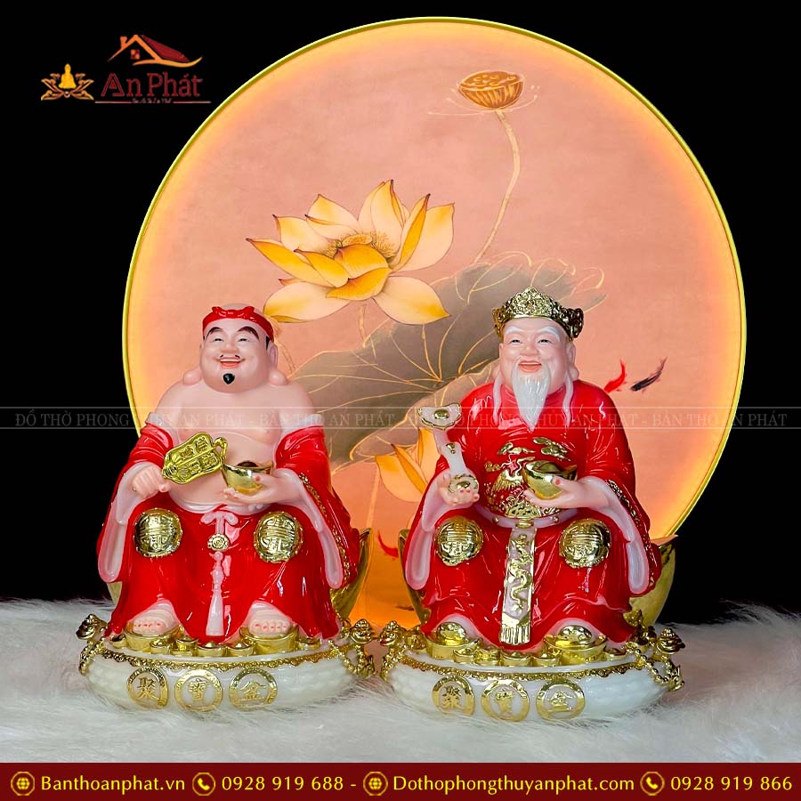 Tượng Thần Tài Ông Địa Đá Đỏ Đế Tròn Bộ 2 Ông T056