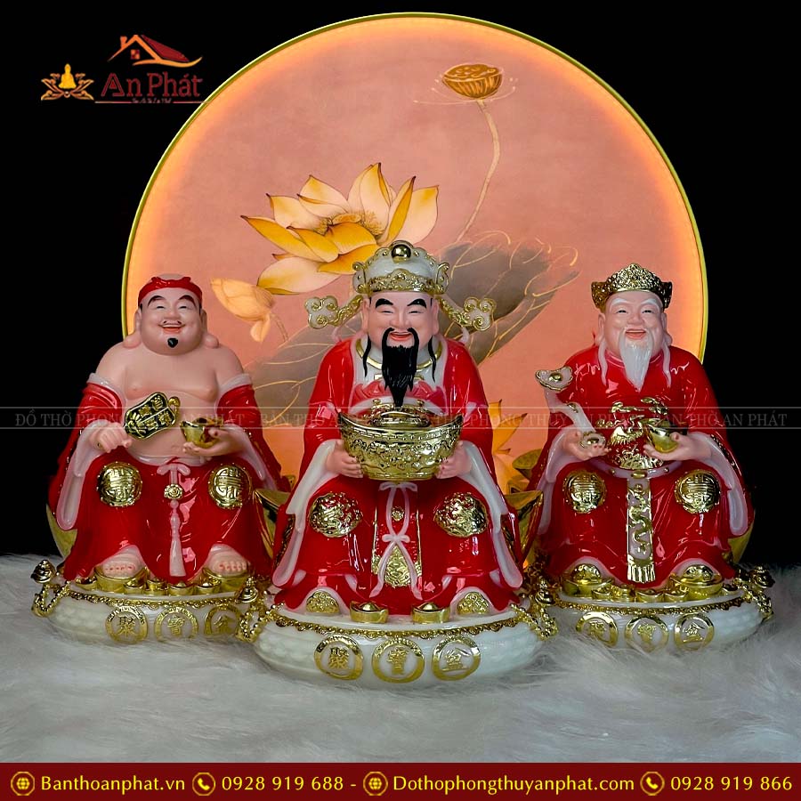 Tượng Thần Tài Thổ Địa Cao Cấp Đá Đỏ Đế Tròn Bộ 3 Ông T058