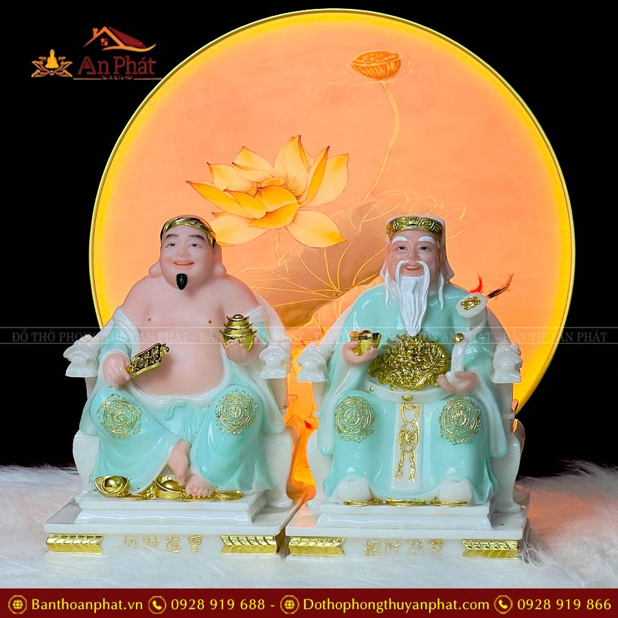 Tượng Thần Tài Thổ Địa Đá Xanh Nhập Khẩu 2 Ông Ngồi Ngai T041