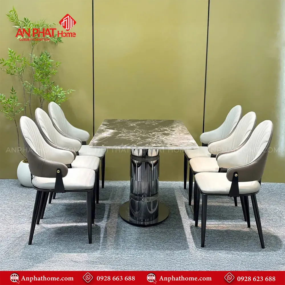 Bộ Bàn Ăn Mặt Đá Cao Cấp 6 Nghế Bọc Da Nhập Khẩu BA-1905 15 Bộ bàn ăn BA-1905 được thiết kế hiện đại cực kỳ sang trọng trong mọi không gian