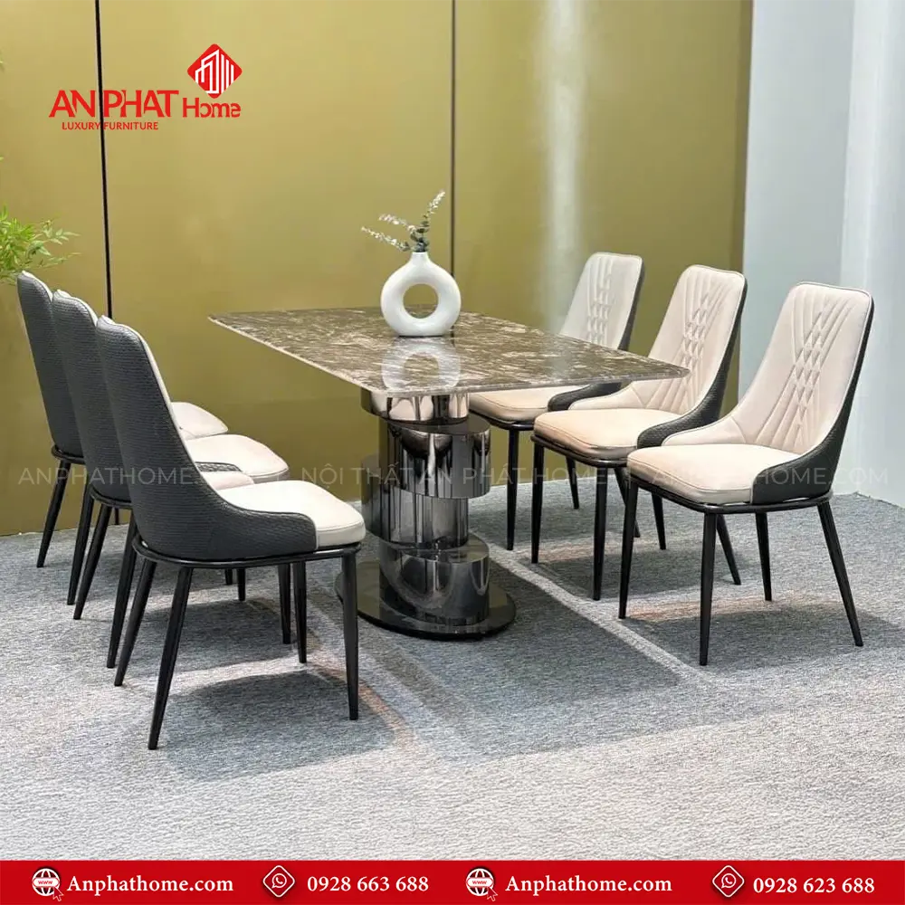 Bàn Ăn Mặt Đá Thạch Anh 6 Ghế Cao Cấp Nhập Khẩu BA-1906 12 Bộ bàn ăn BA-1906 thiết kế chân xoắn cực kỳ hiện đại sang trọng