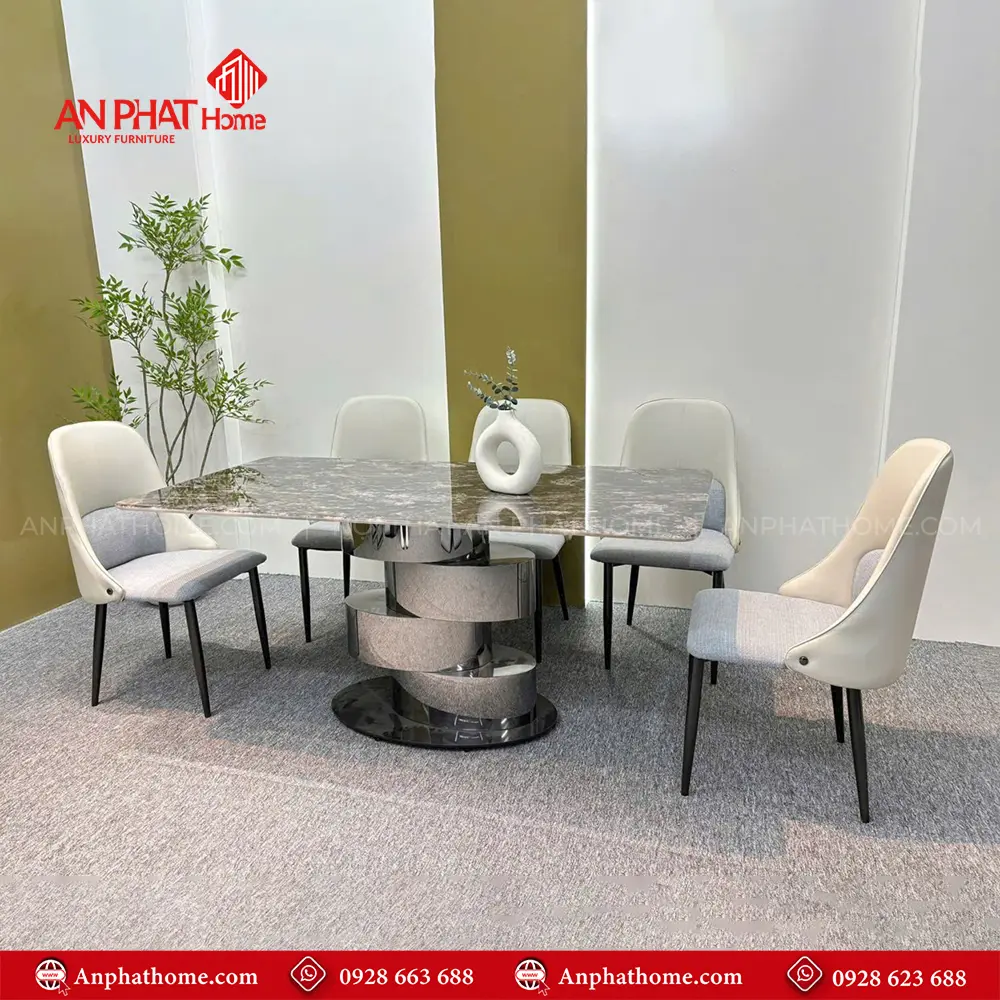 Bộ Bàn Ăn Mặt Đá Thạch Anh Chân Xoắn 6 Ghế Nhập Khẩu BA-1907 17 Bàn ăn BA-1907 kết hợp mặt đá thạch anh sang trọng