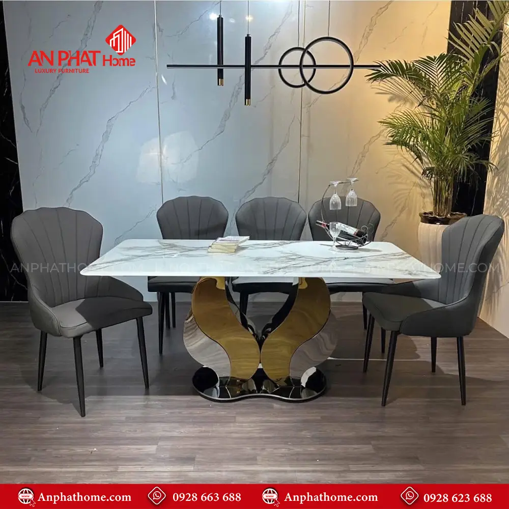 Bộ bàn ăn mặt đá thạch anh 6 ghế cao cấp BA-1983 Khung inox 6 ghế bọc da Microfiber cao cấp