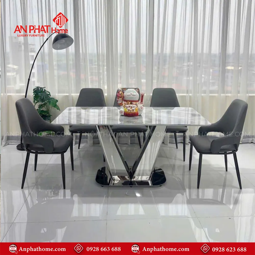Bộ bàn ghế ăn chân inox mặt đá BA-2021, Mặt đá Thạch Anh kết hợp sự sang trọng của inox và sự yêm ai của da Microfiber nhập khẩu