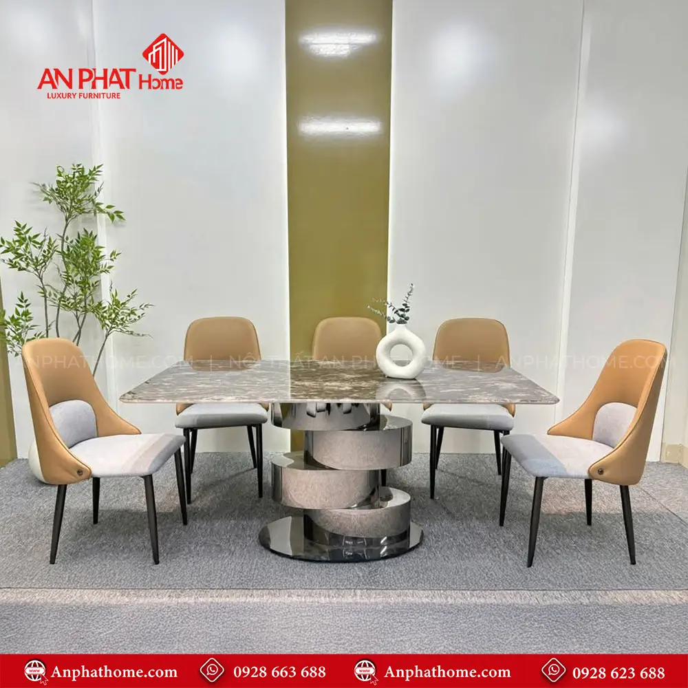 Bộ Bàn Ăn Mặt Đá Thạch Anh Chân Xoắn 6 Ghế Nhập Khẩu BA-1907 18 Mặt bàn với những đường vân đá đẹp mắt