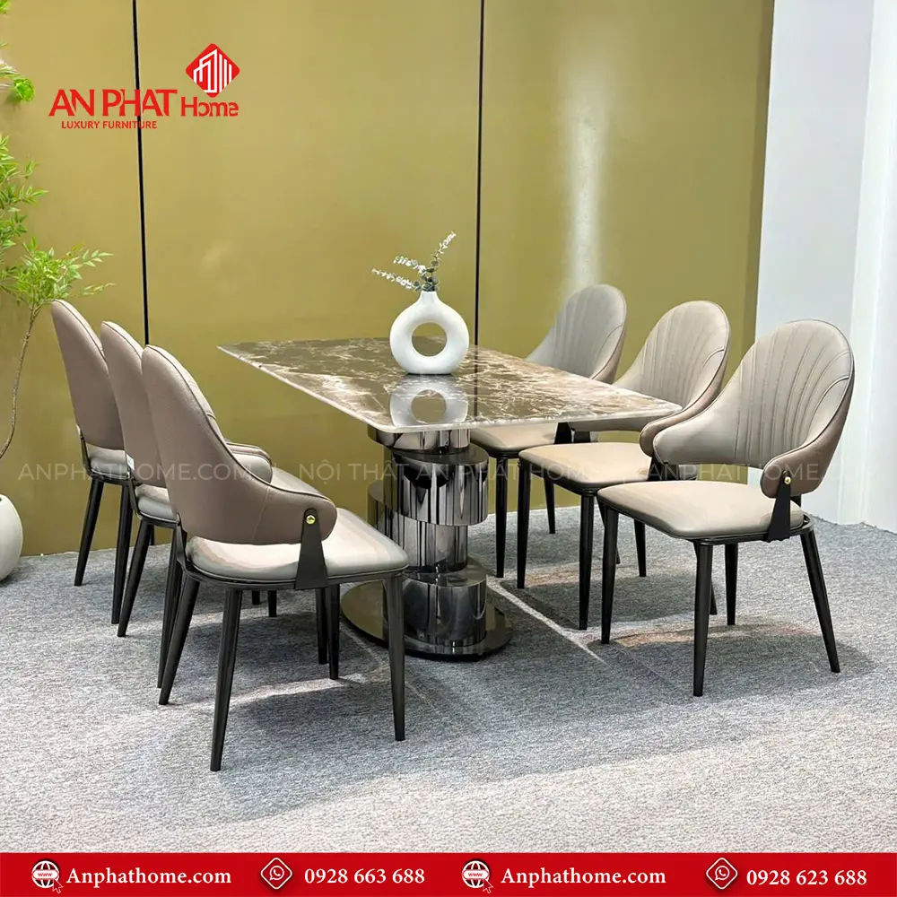 Bộ Bàn Ăn Mặt Đá Cao Cấp 6 Nghế Bọc Da Nhập Khẩu BA-1905 13 Bộ bàn ăn 6 ghế bọc da mặt đá BA-1905 nổi bật với thiết kế độc đáo với chân ghế xoắn, mặt bàn đá Thạch Anh cao cấp kết hợp ghế da hiện đại