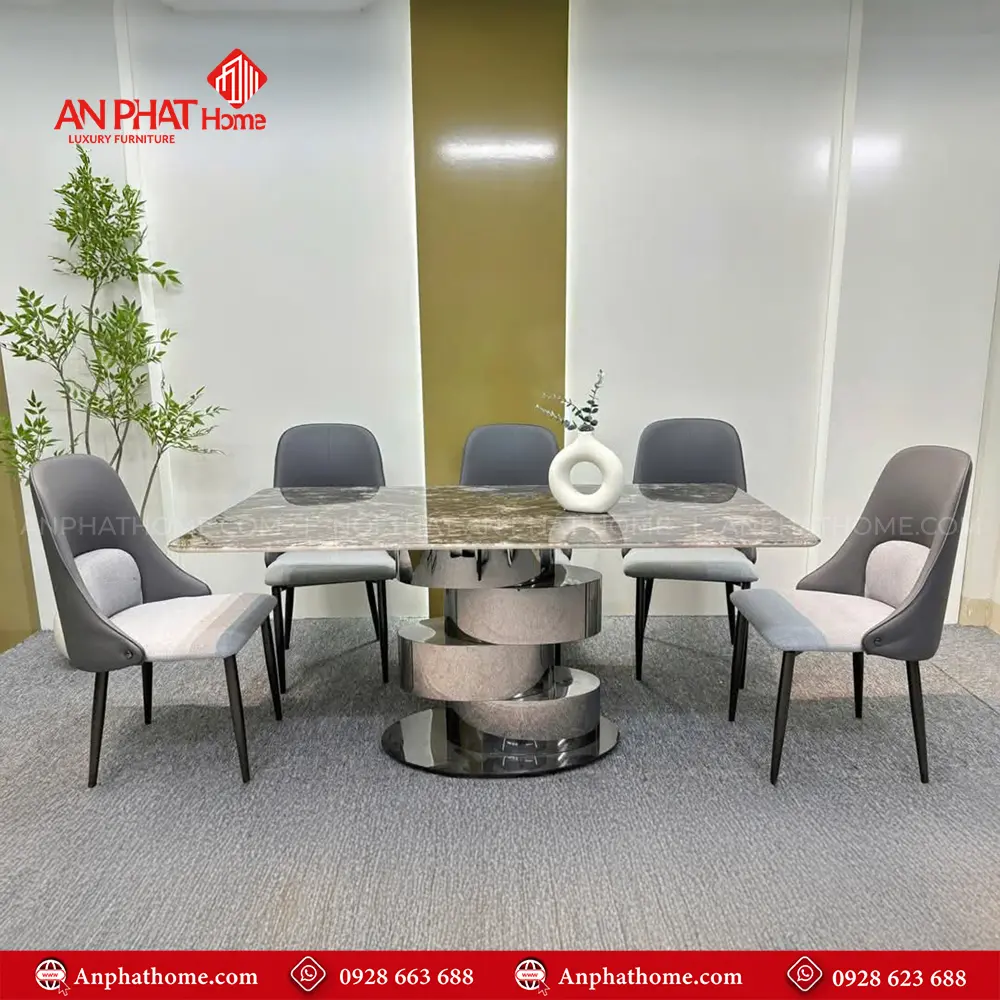 Bộ Bàn Ăn Mặt Đá Thạch Anh Chân Xoắn 6 Ghế Nhập Khẩu BA-1907 16 Bộ bàn ăn BA-1907 thiết kế chân xoắn cực kỳ hiện đại sang trọng