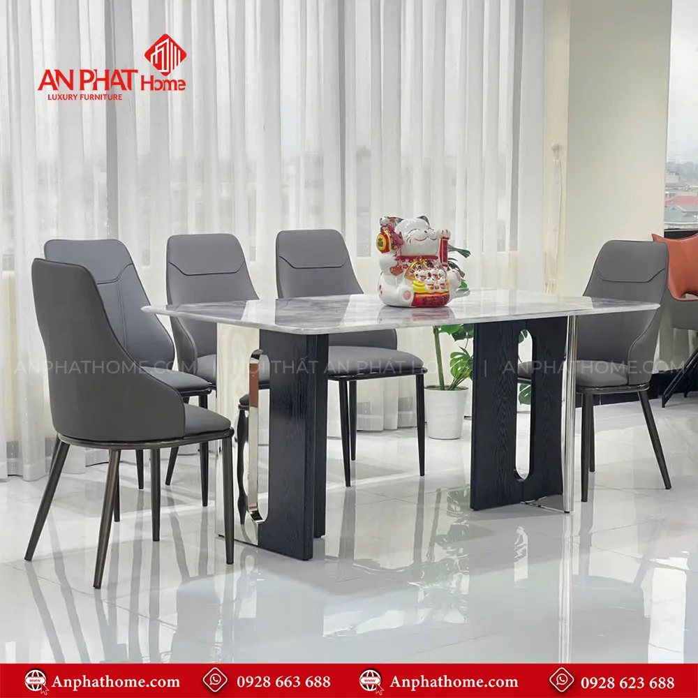Bàn Ăn Mặt Đá Thạch Anh Cao Cấp Nhập Khẩu BA-1915 14 Bộ bàn ăn BA-1915 thiết kế chân xoắn cực kỳ hiện đại sang trọng