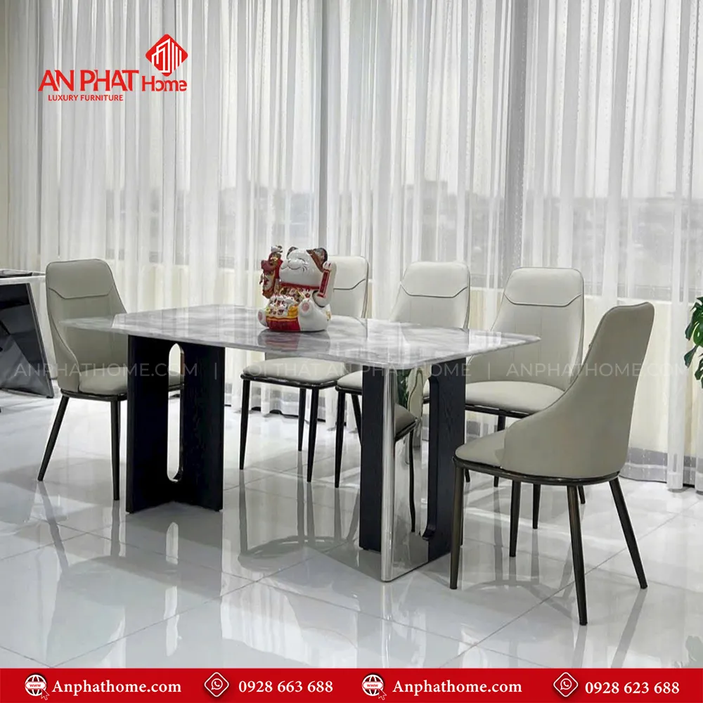 Bàn Ăn Mặt Đá Thạch Anh Cao Cấp Nhập Khẩu BA-1915 16 Bàn ăn thiết kế hiện đại chân bàn mạ inox sáng bóng sang trọng