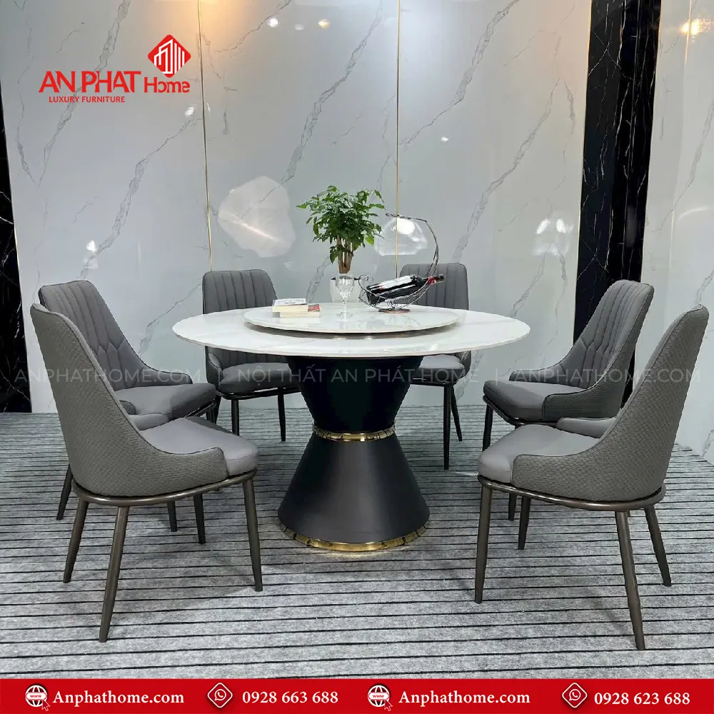 Bàn Ăn Mặt Đá Tròn 2 Tầng Xoay Nhập Khẩu BA-1911 16 Bàn có kích thước D130cm – D800cm dành cho 6 – 8 người ngồi