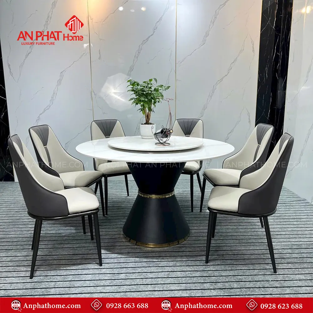 Bàn Ăn Mặt Đá Tròn 2 Tầng Xoay Nhập Khẩu BA-1911 15 Bộ bàn ăn tròn xoay mặt đá và 6 ghế da cao cấp với nhiều màu sắc
