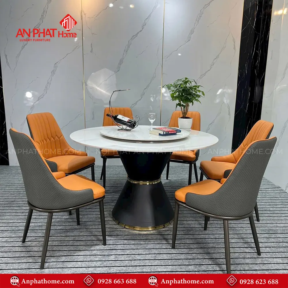 Bàn Ăn Mặt Đá Tròn 2 Tầng Xoay Nhập Khẩu BA-1911 13 Bộ bàn ăn tròn xoay mặt đá BA-1911 Ceramic và 6 ghế da cao cấp