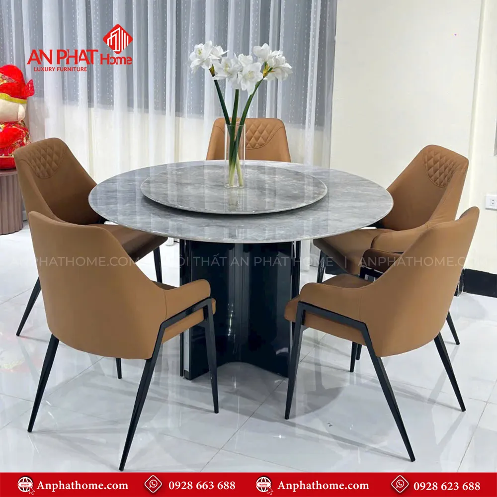 Bộ bàn ăn tròn xoay mặt đá Ceramic và 5 ghế da cao cấp