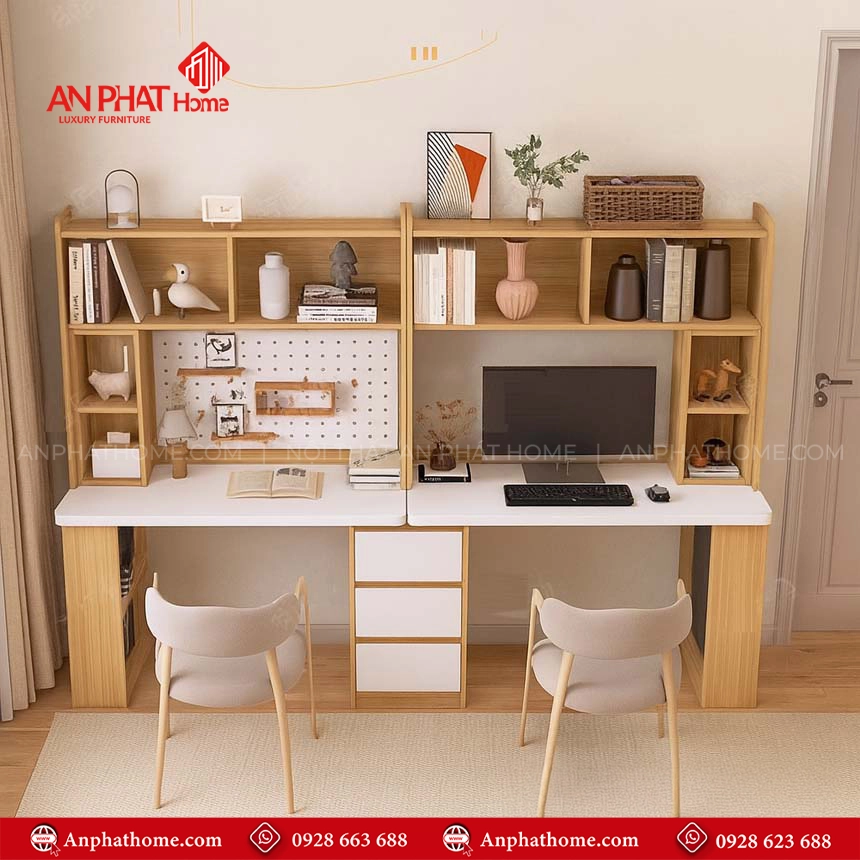 Bàn Học Đôi Thiết Kế Hiện Đại Kết Hợp Kệ Sách B-2886 14 Mẫu bàn học đôi kèm giá sách cho học sinh cấp 1, cấp 2