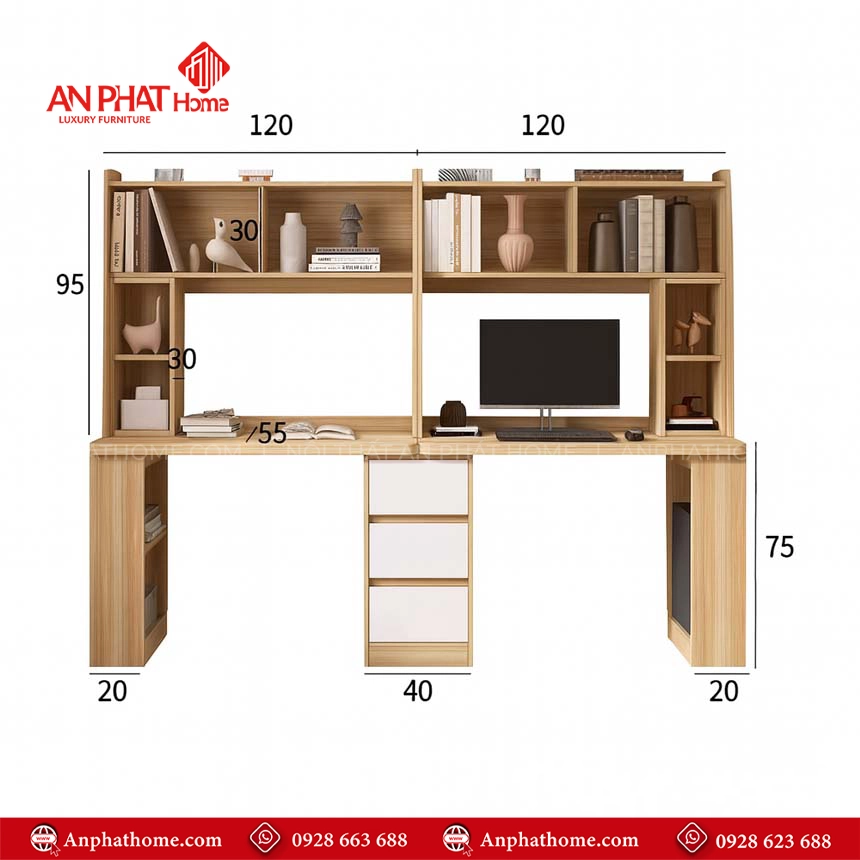 Bàn Học Đôi Thiết Kế Hiện Đại Kết Hợp Kệ Sách B-2886 18 Thiết kế bàn học sinh đôi theo yêu cầu