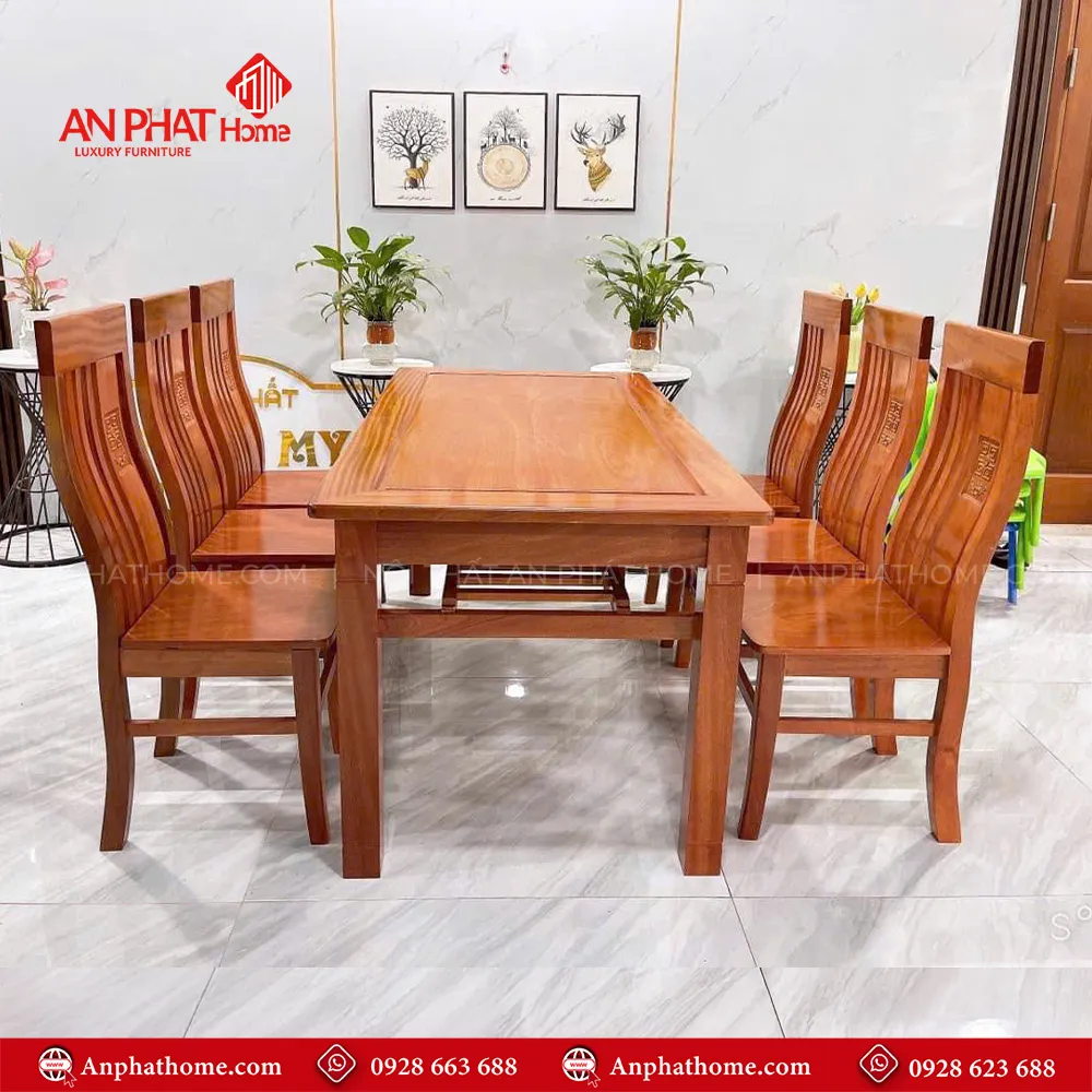 Bàn ăn gỗ gõ 6 ghế cao cấp BA-2023 5 Bàn ăn gỗ gõ 6 ghế cao cấp BA-2023, quý khách có thể lựa chọn kích thước bàn từ dài 1m20 – 1m80 hoặc lớn hơn, để phù hợp với nhu cầu sử dụng, Bộ bàn 1m20 sẽ đi kèm 4 ghế, bàn 1m40 – 1m60 – 1m80 đi kèm 6 ghế theo bộ, Ngoài da có thể đặt mua thêm số lượng ghế ngồi để phù hợp với nhu cầu sử dụng.