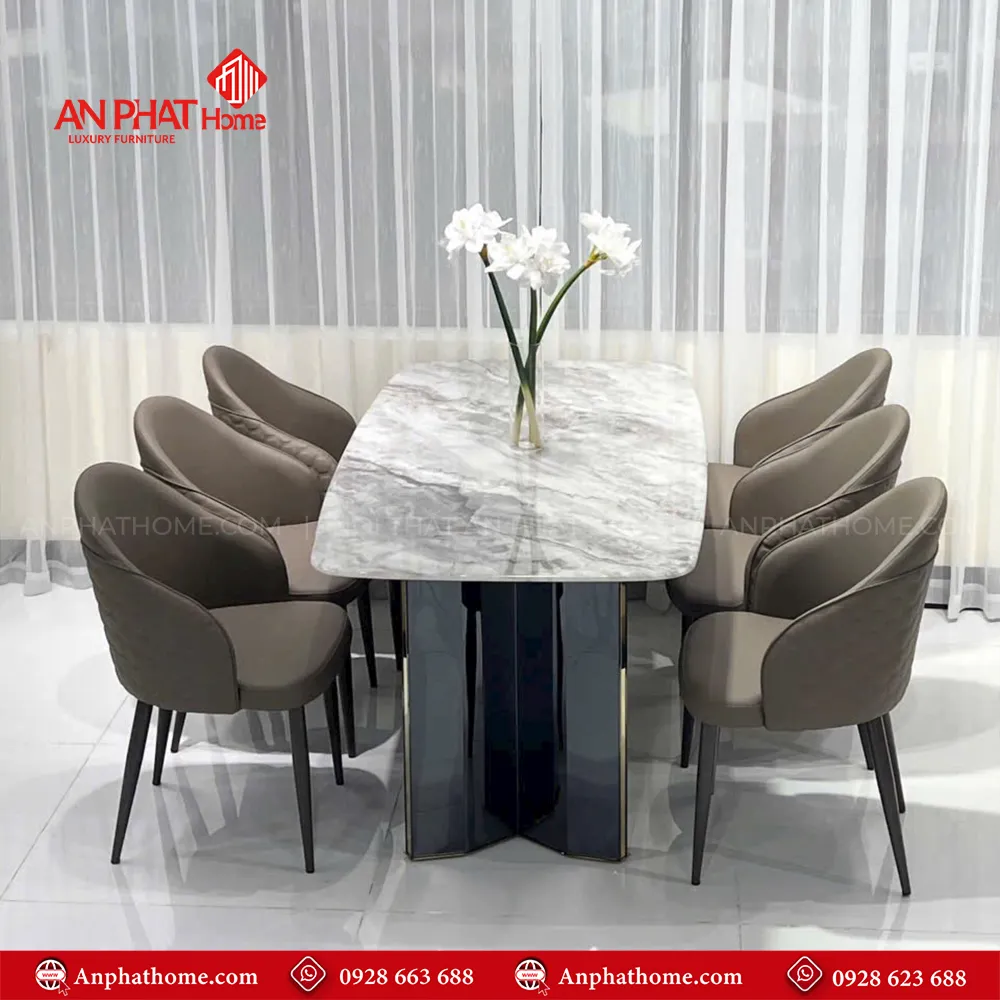 Bàn ăn mặt đá 6 ghế cao cấp nhập nhẩu BA-1917 12 Bàn Ăn BA-1917 mặt đá thạch anh kết hợp chân bàn mạ titan cao cấp tạo lên nét sang trọng hiện đại