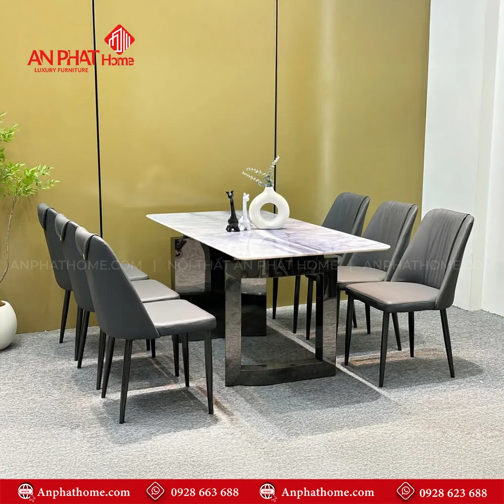 Bàn ăn mặt đá thạch anh 6 ghế nhập khẩu nguyên chiếc BA-1918 14 Bàn Ăn BA-1919 mặt đá thạch anh kết hợp chân bàn mạ titan cao cấp tạo lên nét sang trọng hiện đại