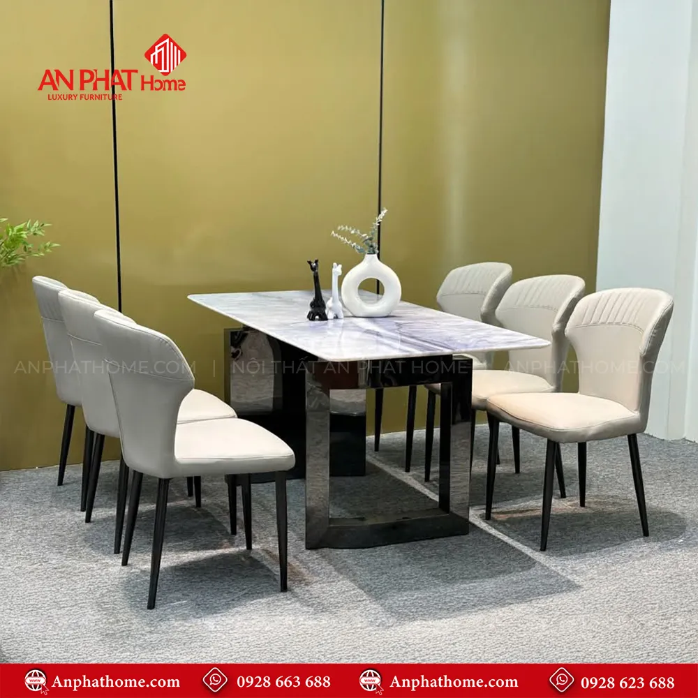 Bàn ăn mặt đá thạch anh 6 ghế nhập khẩu nguyên chiếc BA-1918 15 bộ bàn ăn 6 ghế da cao cấp nhập khẩu