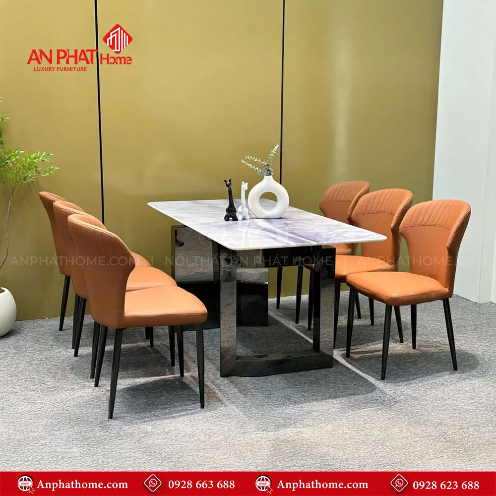 Bàn ăn mặt đá thạch anh 6 ghế nhập khẩu nguyên chiếc BA-1918 16 Bàn Ăn BA-1919 mặt đá thạch anh kết hợp chân bàn mạ titan cao cấp tạo lên nét sang trọng hiện đại