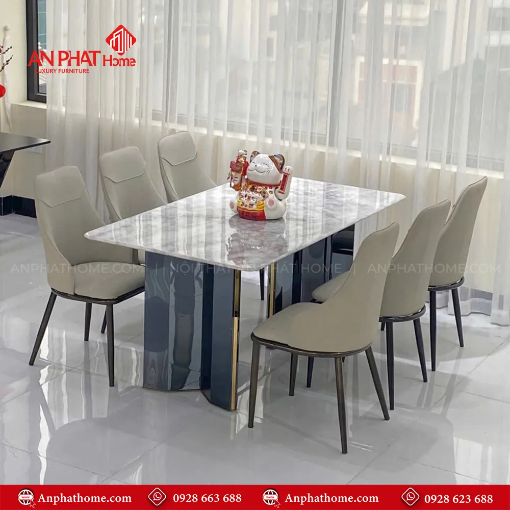 Bàn ăn mặt đá thạch anh ghế da cao cấp nhập khẩu BA-1921 10 Bàn Ăn BA-1921 mặt đá thạch anh kết hợp chân bàn mạ titan cao cấp tạo lên nét sang trọng hiện đại
