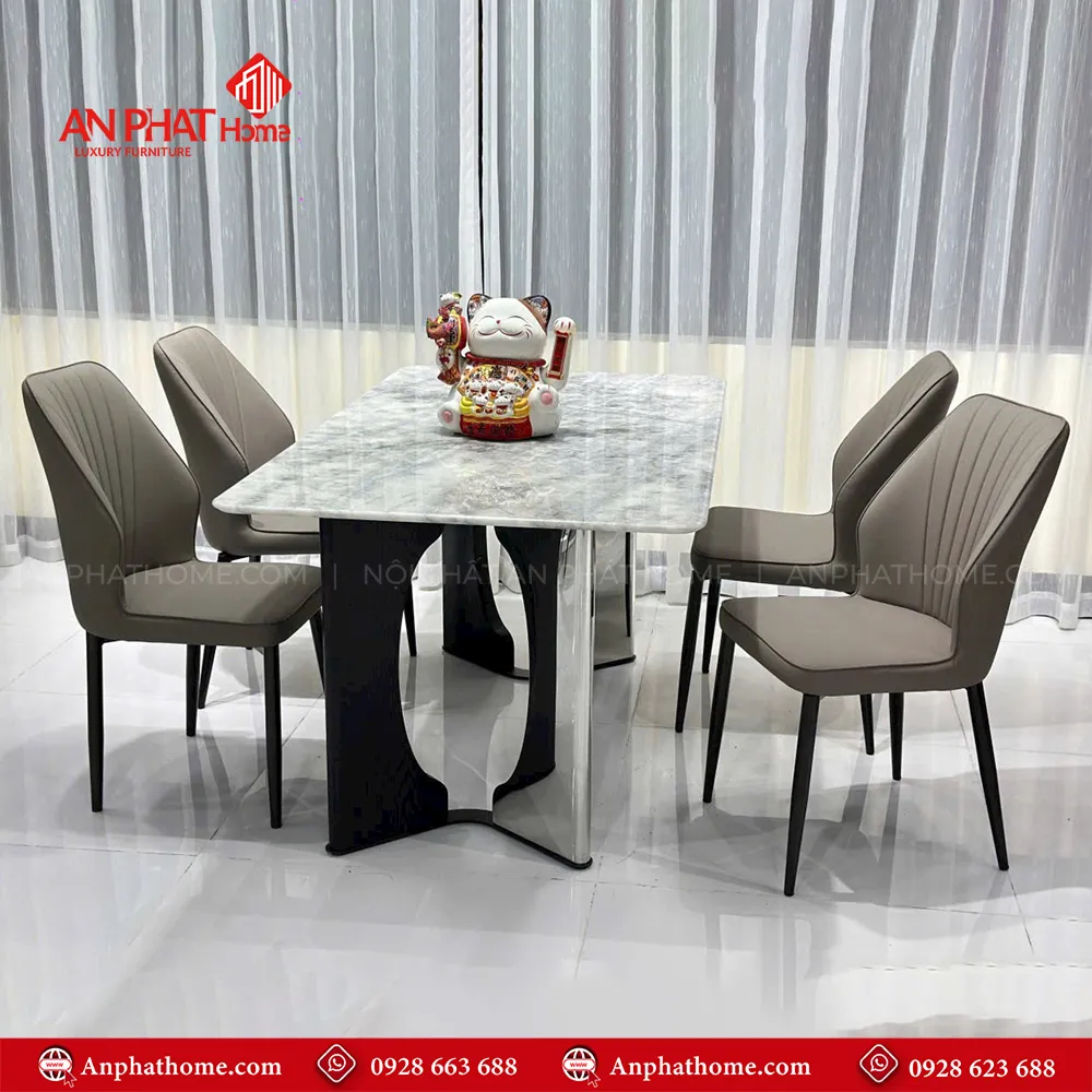 Bàn ăn mặt đá thạch anh nhập khẩu BA-1919 16 Bàn ăn mặt đá thạch anh nhập khẩu BA-1919 chân bàn mạ inox kết hợp sơn tĩnh điện mangb lại điểm nhấn hiện đại cho bộ bàn ăn