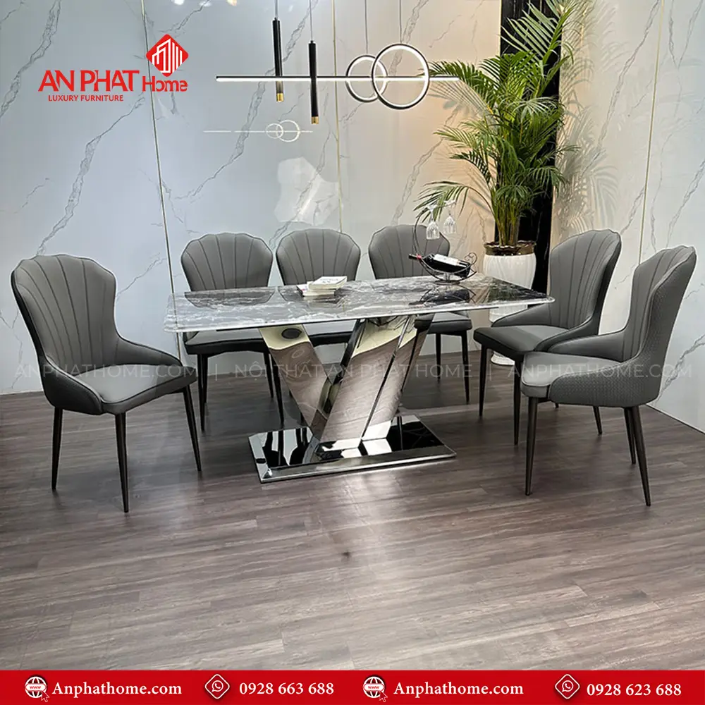 Bàn ghế ăn cao cấp nhập khẩu mặt đá thạch anh BA-1991, Mặt đá Thạch Anh kết hợp sự sang trọng của inox và sự yêm ai của da Microfiber nhập khẩu