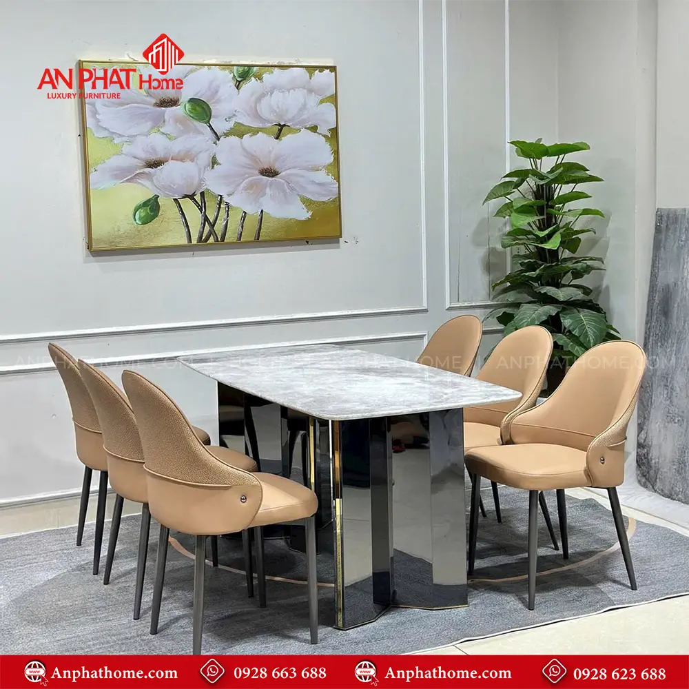 Bộ Bàn Ăn 6 Ghế Mặt Đá Siêu Tinh Thể Cao Cấp TA-1904 16 Bộ bàn ăn mặt đá Thạch Anh sang trọng, chân inox cao cấp, 6 ghế bọc da Microfiber