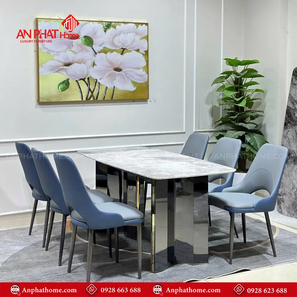 Bộ Bàn Ăn 6 Ghế Mặt Đá Siêu Tinh Thể Cao Cấp TA-1904 17 Mặt đá cao cấp ngày càng được ưa chuộng nhờ khả năng kháng trầy xước, thân thiện với môi trường, dễ dàng vệ sinh