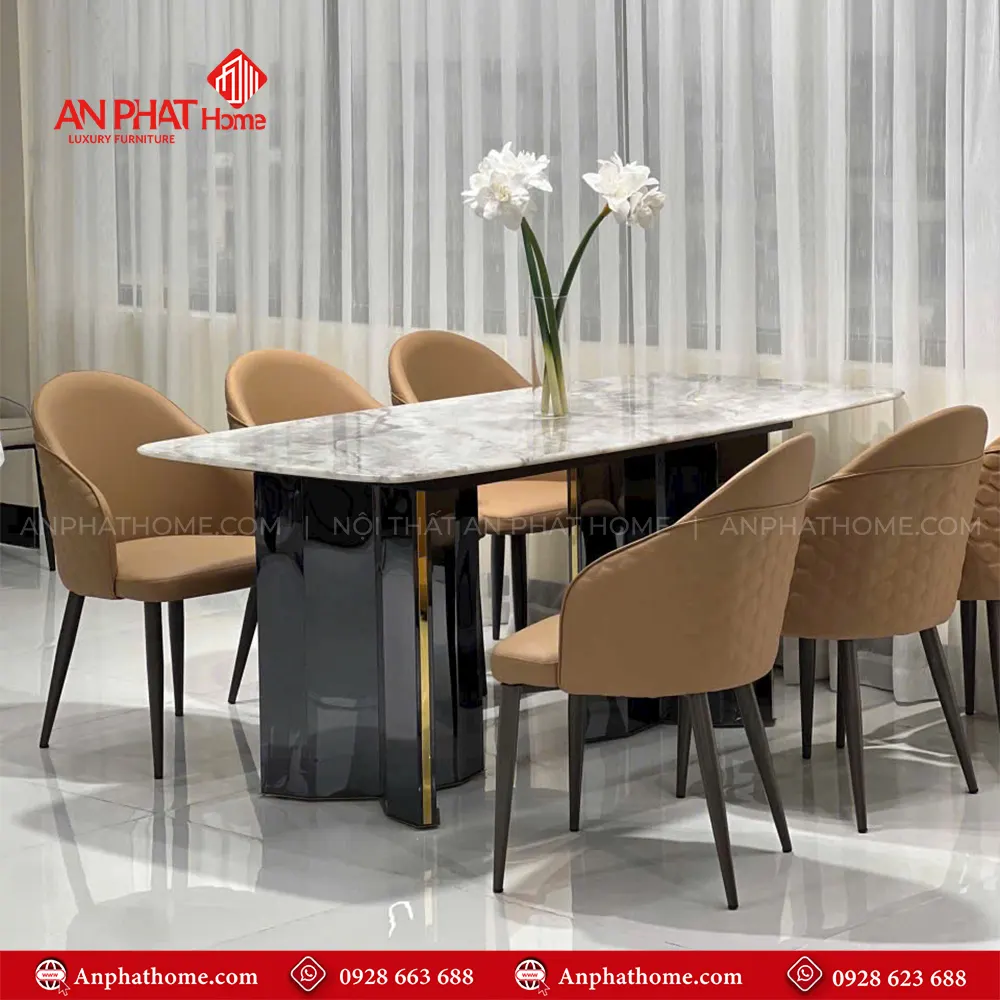 Bộ Bàn Ăn 6 Ghế Mặt Đá Thạch Anh Cao Cấp Nhập Khẩu BA-1913 14 Bàn Ăn BA-1913 mặt đá thạch anh kết hợp chân bàn mạ titan cao cấp tạo lên nét sang trọng hiện đại