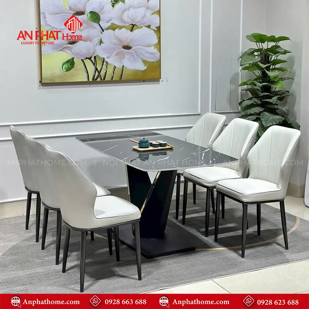 Bộ Bàn Ăn Mặt Đá Ceramic 6 Ghế Cao Cấp TA-1903 8 Bộ bàn ăn kích thước 1.6m x 0.8m x 0.75m phù hợp với gia đình 6 – 8 thành viên