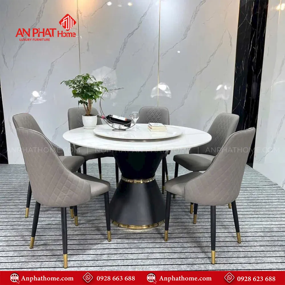 Bộ Bàn Ăn Tròn Xoay Mặt Đá 6 Ghế BA-1909 8 Chân bàn được làm từ thép viền inox mạ PVD cao cấp chống han rỉ