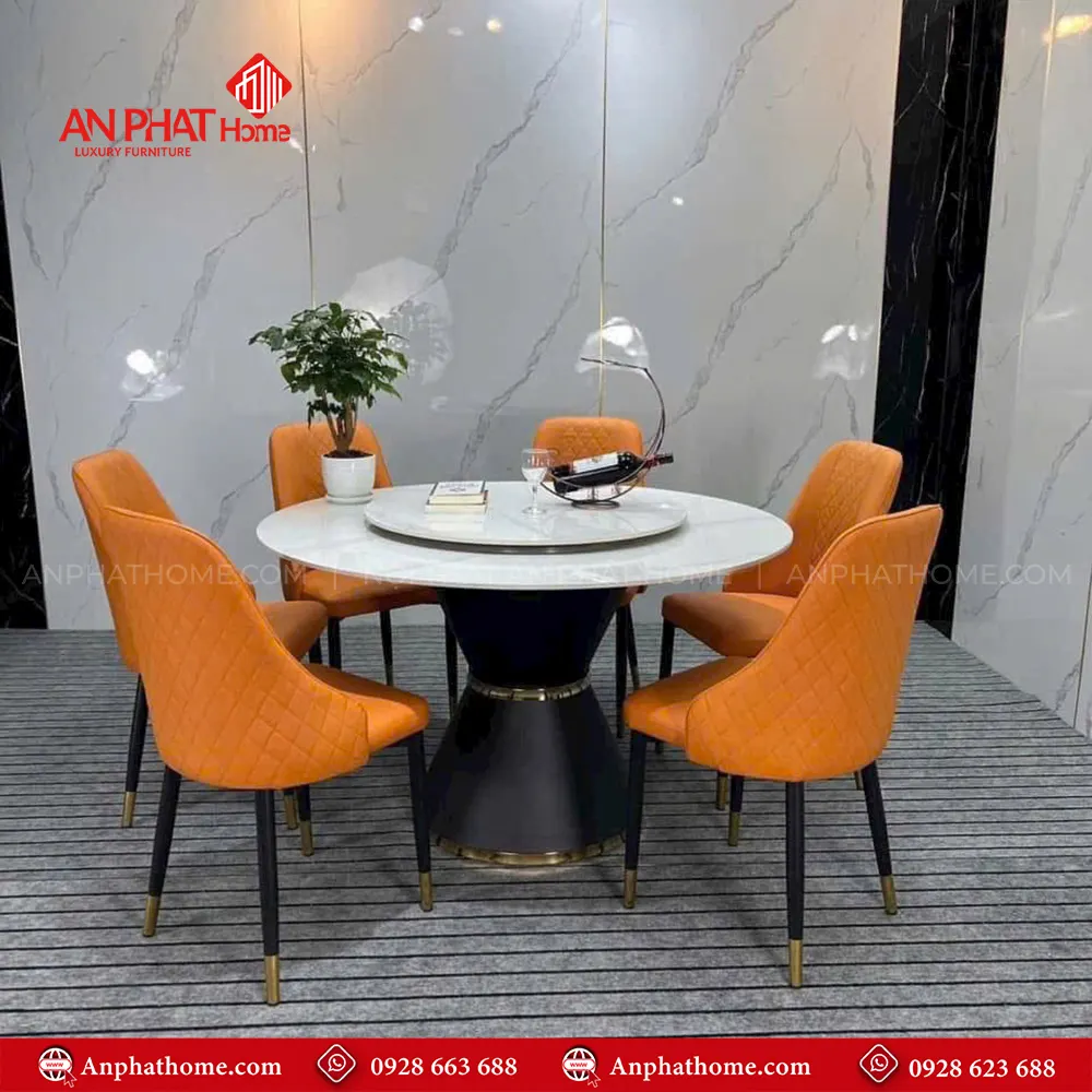 Bộ Bàn Ăn Tròn Xoay Mặt Đá 6 Ghế BA-1909 9 Bàn có kích thước D130cm – D800cm dành cho 6 – 8 người ngồi