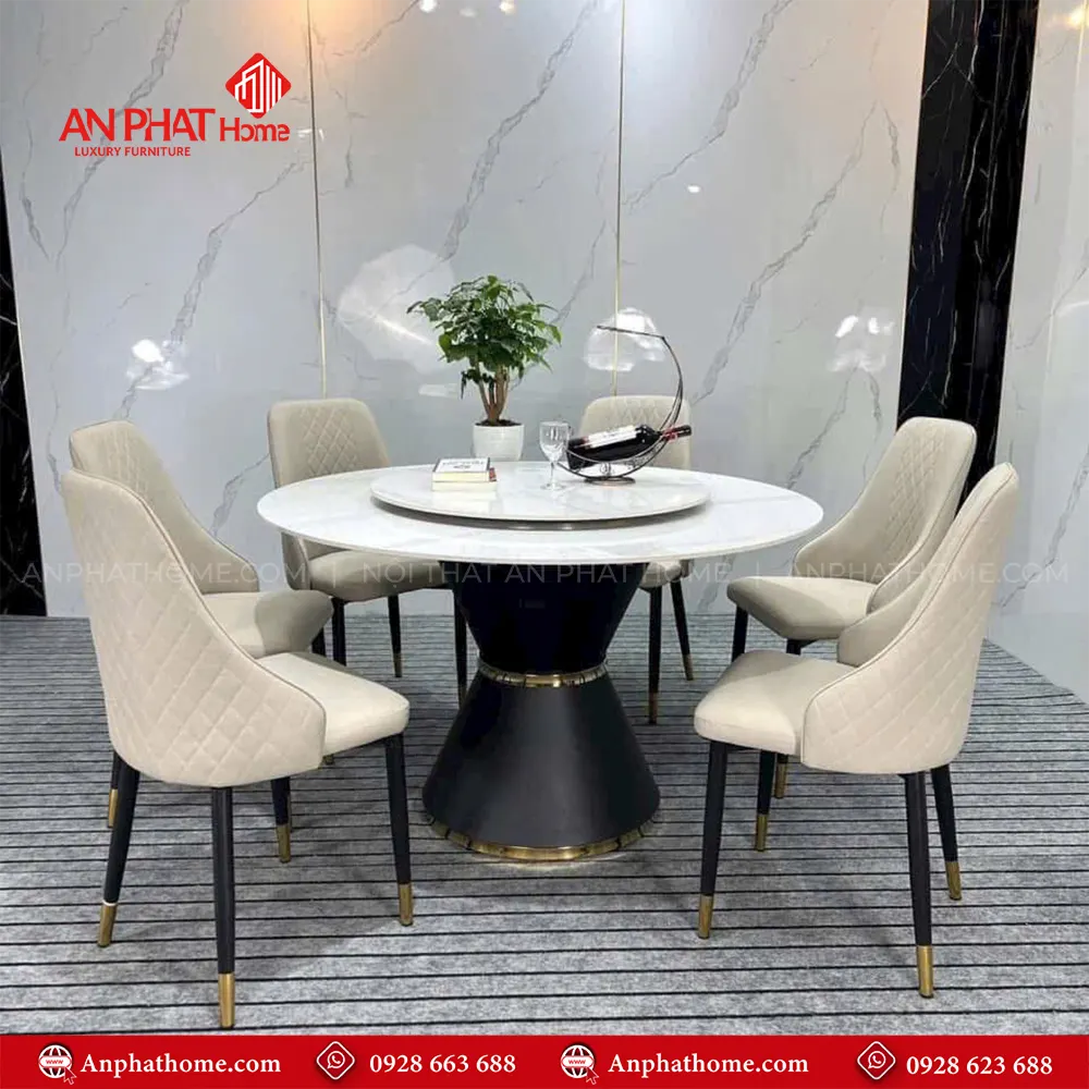 Bộ Bàn Ăn Tròn Xoay Mặt Đá 6 Ghế BA-1909 7 Bộ bàn ăn tròn xoay mặt đá Ceramic và 6 ghế da cao cấp