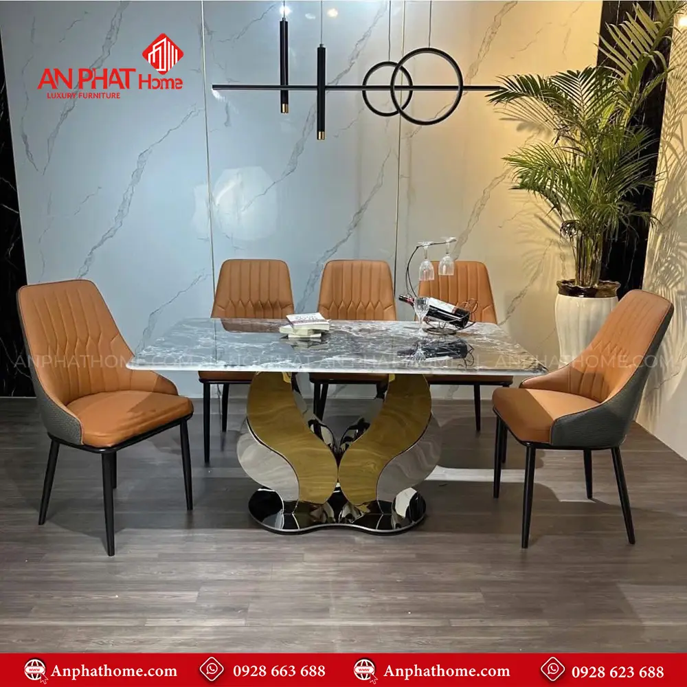 Bộ bàn ăn 6 ghế sang trọng mặt đá thạch anh BA-1990 8 Kích thước mặt bàn đa dạng có thể chọn các kích thước từ 1m40cm – 2m20cm ngồi từ 4- 8 người, trong bộ bàn đã có 6 ghế đi kèm, tùy theo nhu cầu sử dụng quý khách có thể mua thêm ghế