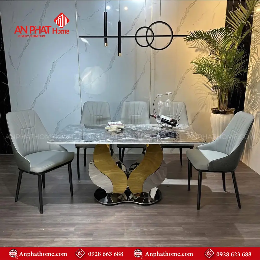 Bộ bàn ăn 6 ghế sang trọng mặt đá thạch anh BA-1990 7 Bộ bàn ăn 6 ghế sang trọng mặt đá thạch anh BA-1990, Khung inox 6 ghế bọc da Microfiber cao cấp