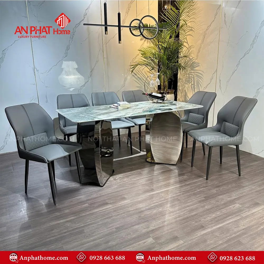 Bộ bàn ăn cao cấp mặt đá 6 ghế nhập khẩu BA-1988 16 Kích thước mặt bàn đa dạng có thể chọn các kích thước từ 1m40cm – 2m20cm ngồi từ 4- 8 người, trong bộ bàn đã có 6 ghế đi kèm, tùy theo nhu cầu sử dụng quý khách có thể mua thêm ghế