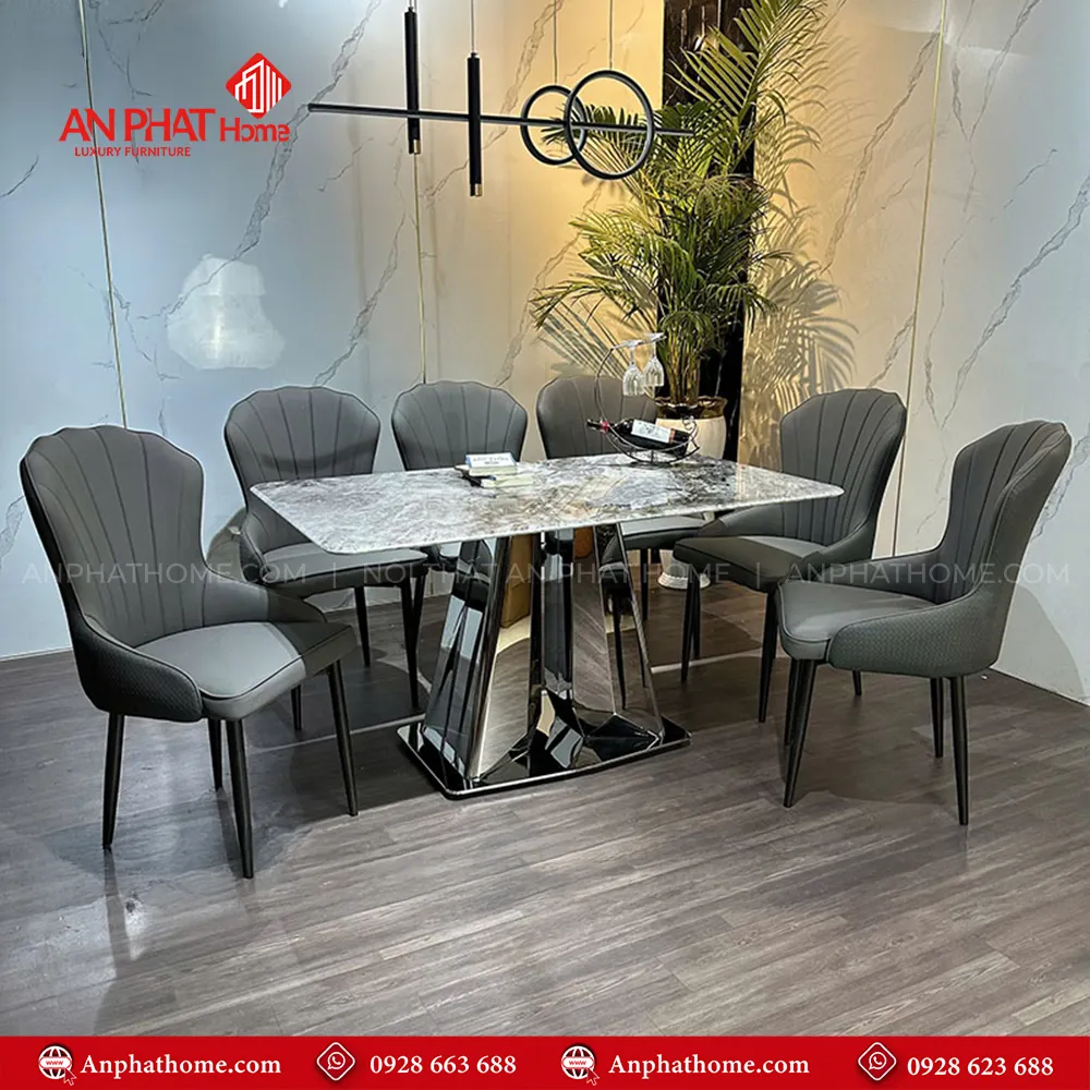 Bộ bàn ăn khung inox mặt đá 6 ghế cao cấp BA-2007 11 Ghế da cao cấp nhập khẩu với nhiều màu giúp khách hàng lựa chọn theo tông màu nội thất thiết kế sang trọng, bọc da Microfiber cao cấp