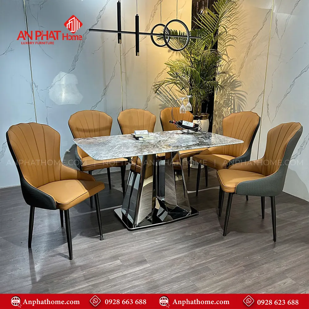 Bộ bàn ăn khung inox mặt đá 6 ghế cao cấp BA-2007 10 Chân bàn thiết kế vô cùng sang trọng, mặt bàn đá thạch anh với nhiều kích thước đa dạng từ 1m40 – 2m20 quý khách có thể lựa chọn mua thêm số lượng ghế, tùy theo nhu cầu sử dụng.