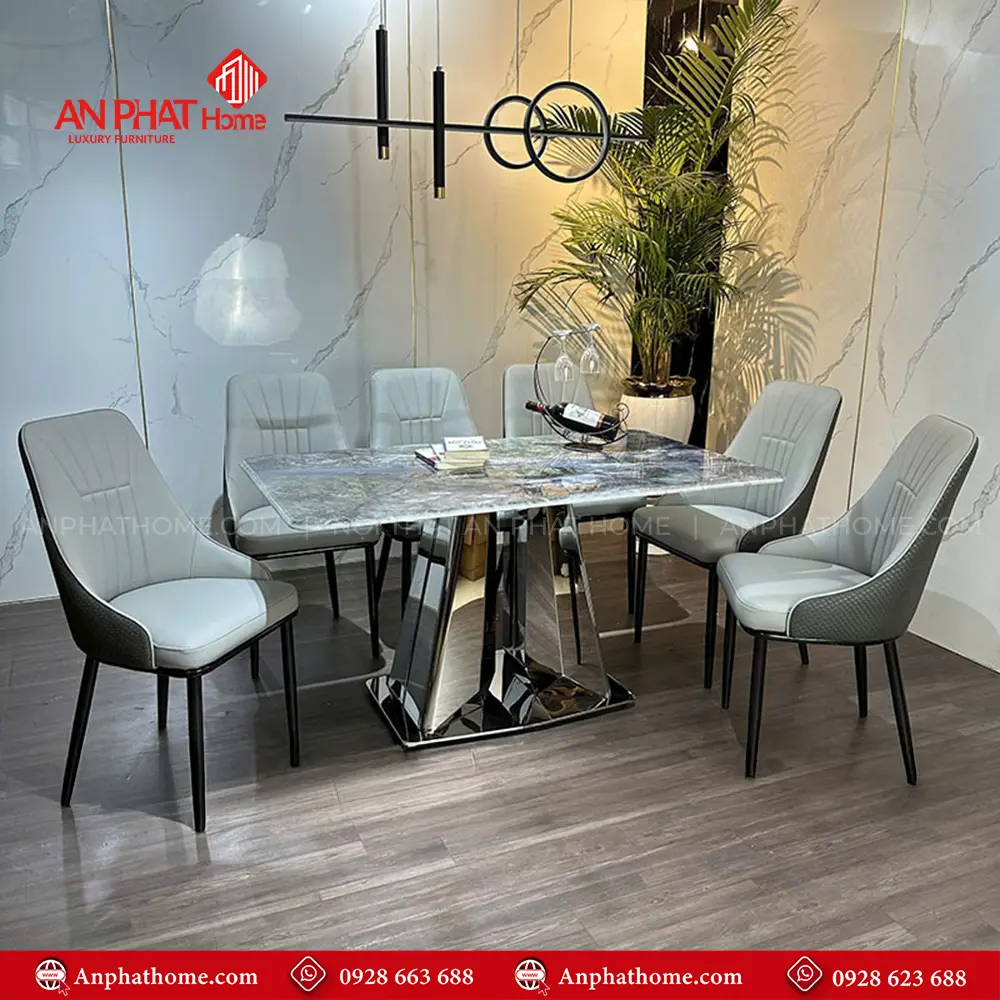 Bộ bàn ăn khung inox mặt đá 6 ghế nhập khẩu BA-1961 12 Bộ bàn ghế ăn BA-1961 khung được làm từ inox kết hợp mặt đá thạch anh vô cùng tinh tế và sang trọng.