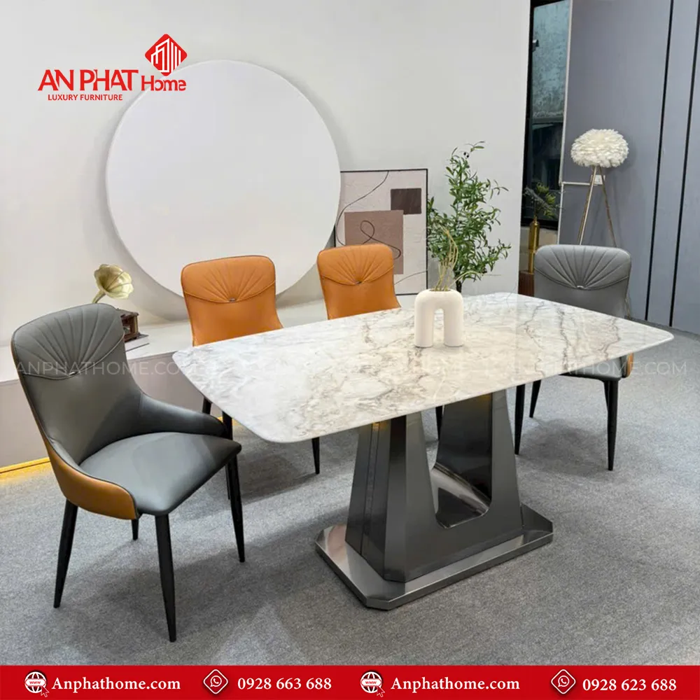 Bộ bàn ăn mặt đá 4 ghế cao cấp nhập khẩu BA-1966 12 Chân bàn thiết kế hiện đại kết hợp mặt đá thạch anh cao cấp