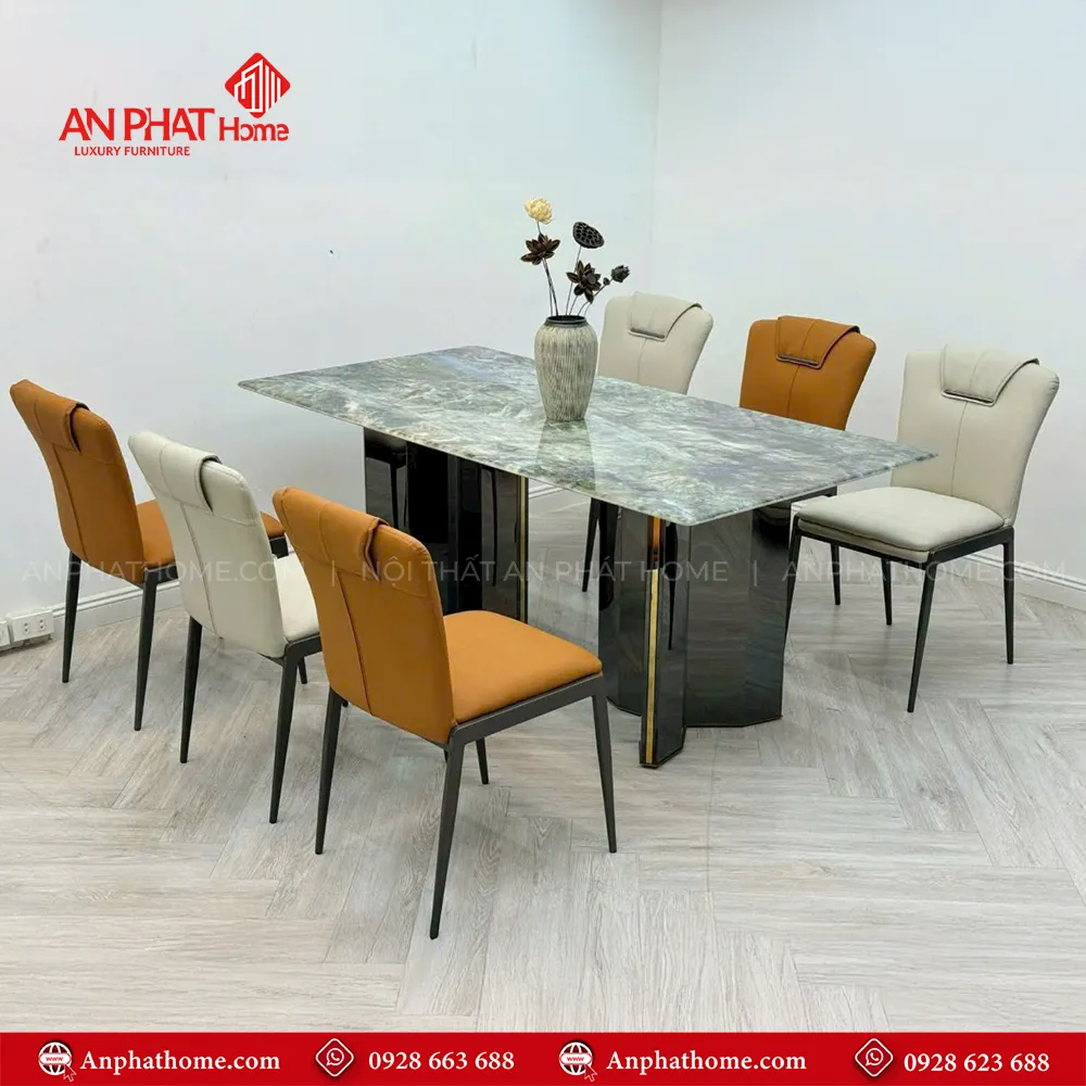 Bàn ăn BA-1930 kết hợp mặt đá vi tinh thể cao cấp và mẫu ghế quý khách có thể lựa chọn nhiều màu khác nhau