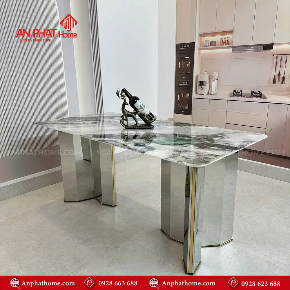 Mặt bàn đá thạch anh, kết hợp khung inox sang trọng