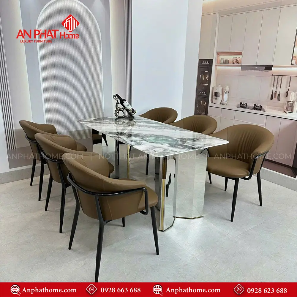 Bộ bàn ăn BA-1979 Mặt bàn ăn đá thạch anh kết hợp khung bàn inox thiết kế vô cùng trẻ chung hiện đại