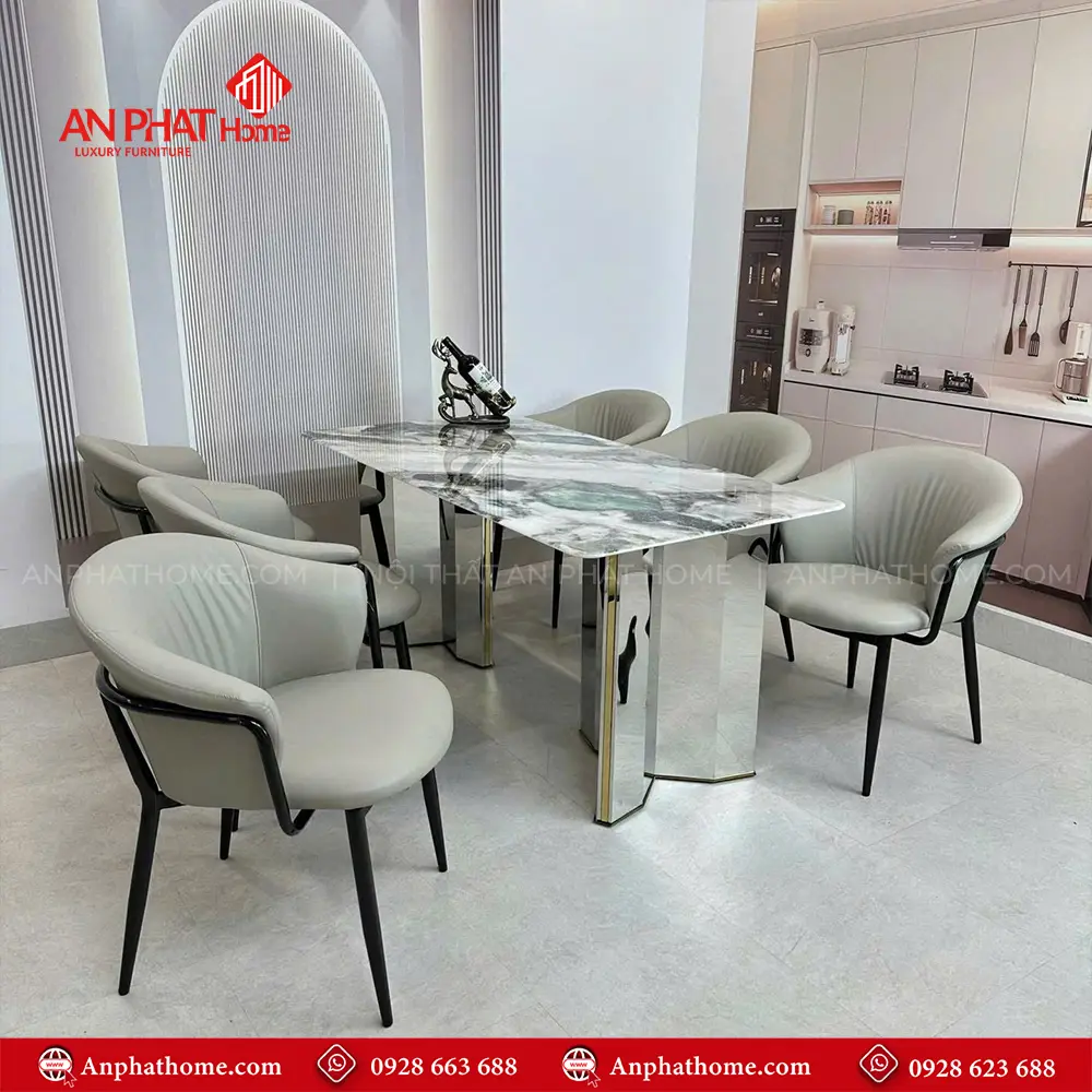 Kích thước mặt bàn đa dạng có thể chọn các kích thước từ 1m40cm – 2m20cm ngồi từ 4- 8 người, trong bộ bàn đã có 6 ghế đi kèm, tùy theo nhu cầu sử dụng quý khách có thể mua thêm ghế