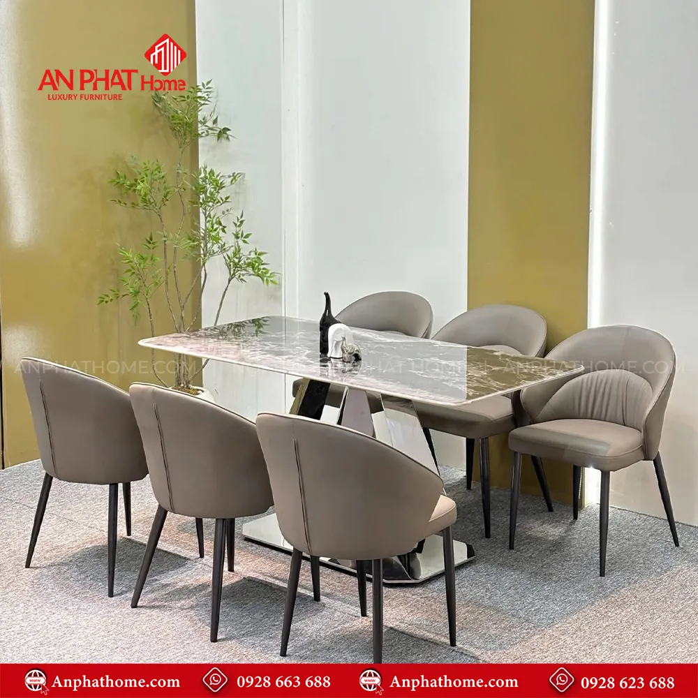 Bộ bàn ăn mặt đá 6 ghế da cao cấp BA-1958 15 Kích thước mặt bàn có thể tùy chỉnh từ 1m40cm - 2m20cm, ngoài ra có thể kết hợp các màu ghế khác nhau tùy theo sở thích của khách hàng