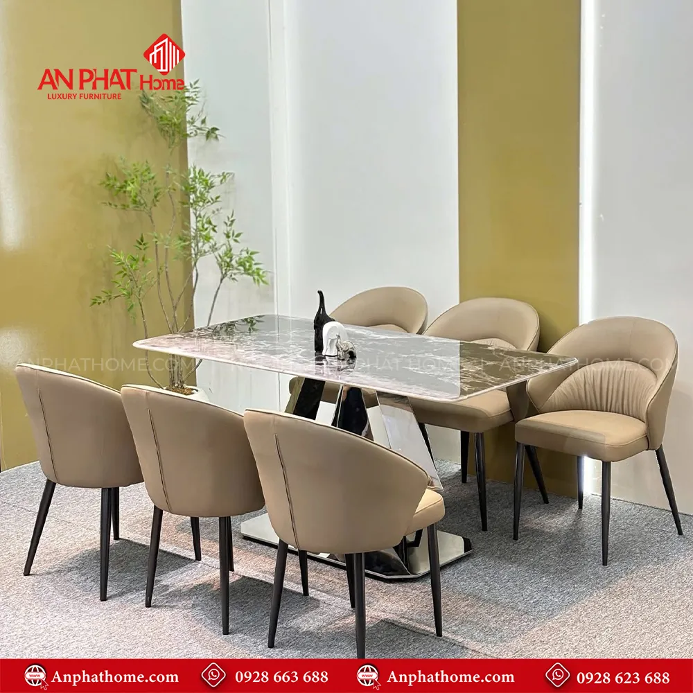 Bộ bàn ăn mặt đá 6 ghế da cao cấp BA-1958 14 Bộ bàn ăn BA-1958 Khung inox mạ bóng sang trọng, kết hợp mặt đá thạch anh cao cấp