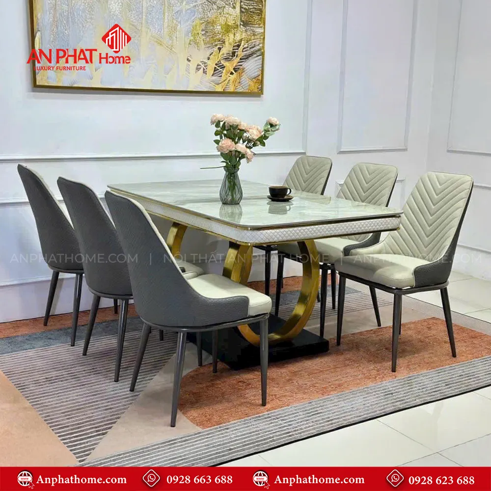 Bộ bàn ăn mặt đá 6 ghế da cao cấp nhập khẩu BA-1939 8 Mẫu bàn ăn mặt đá có đường nét thiết kế sang trọng, phù hợp xu hướng hiện nay, kích thước bàn đa dạng kết hợp 4 ghế – 6 nghế – 8 nghế phù hợp với nhu cầu của mọi không gian
