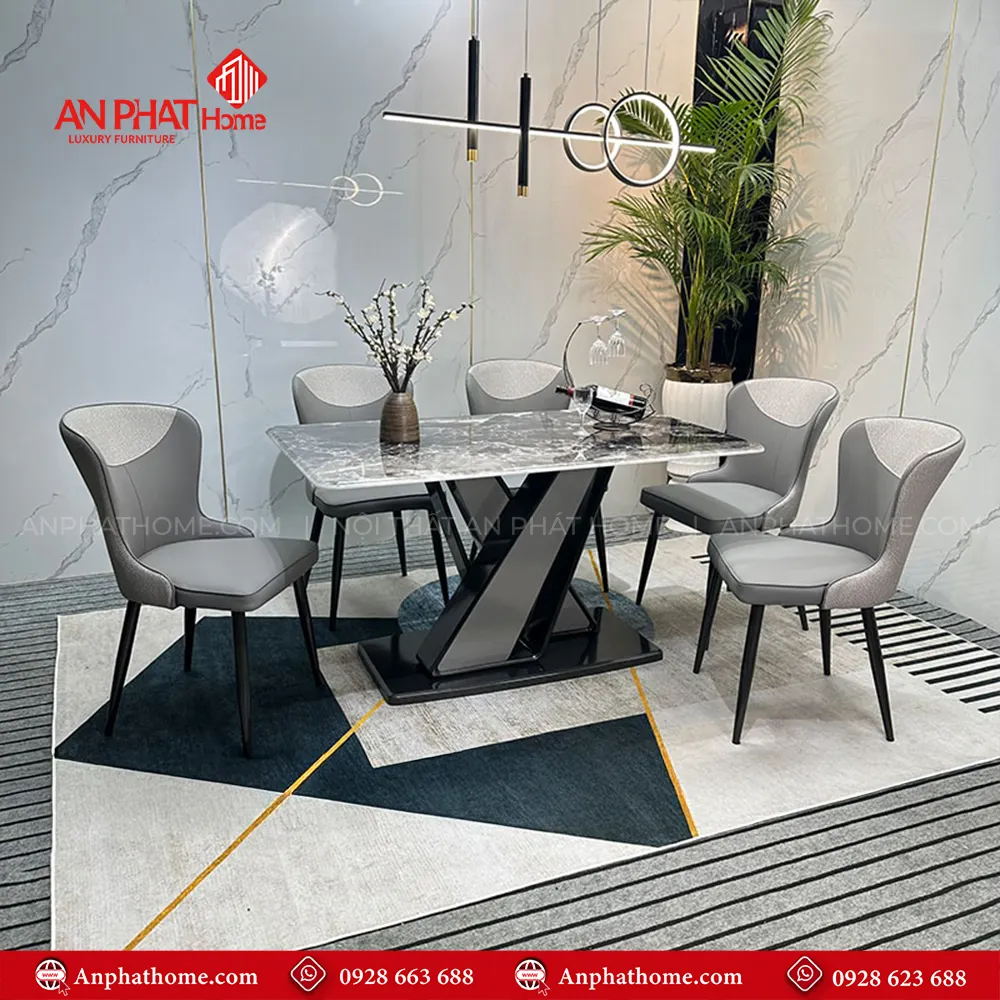 Bộ bàn ăn mặt đá 6 ghế hiện đại BA-2008 11 Chân bàn thiết kế vô cùng sang trọng, mặt bàn đá thạch anh với nhiều kích thước đa dạng từ 1m40 – 2m20 quý khách có thể lựa chọn mua thêm số lượng ghế, tùy theo nhu cầu sử dụng.